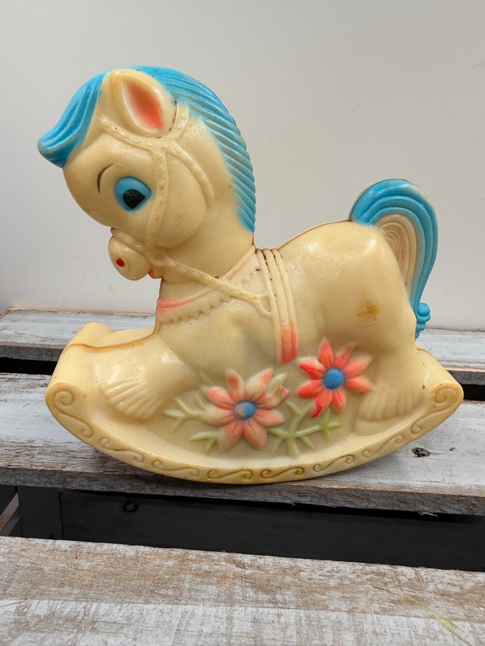 Vintage Rocking Horse Toy Figurine - Molded Plastic Blue Mane -Nursery Decor -7"